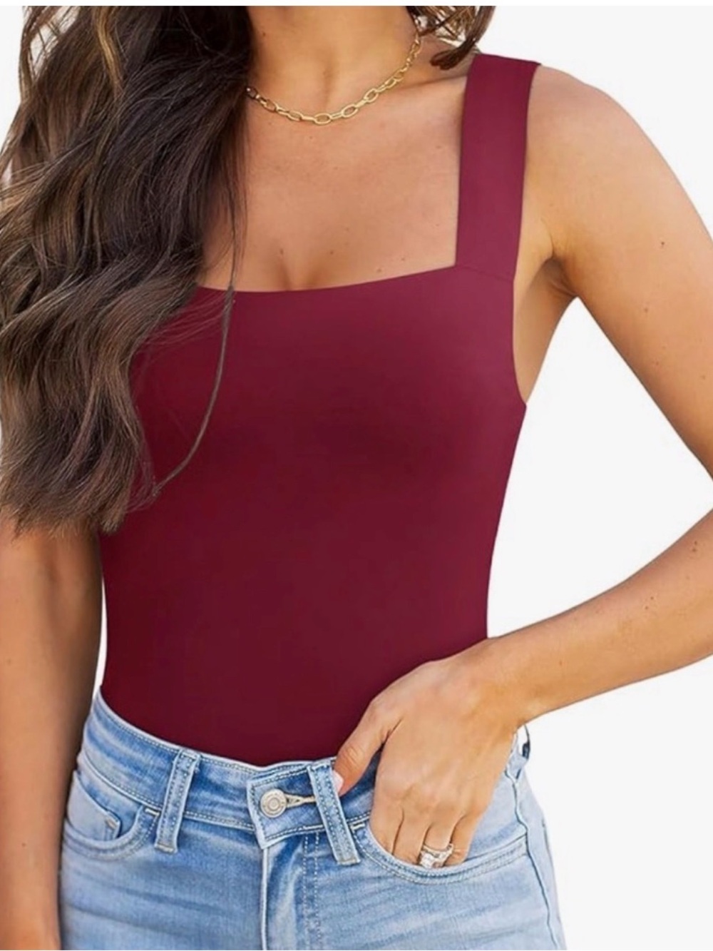 ReoRia Square Neck Wide-Strap Bodysuit in Burgundy EUC